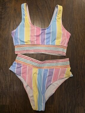 SHEIN Pastel Rainbow Stripe High-Waist Bikini Set